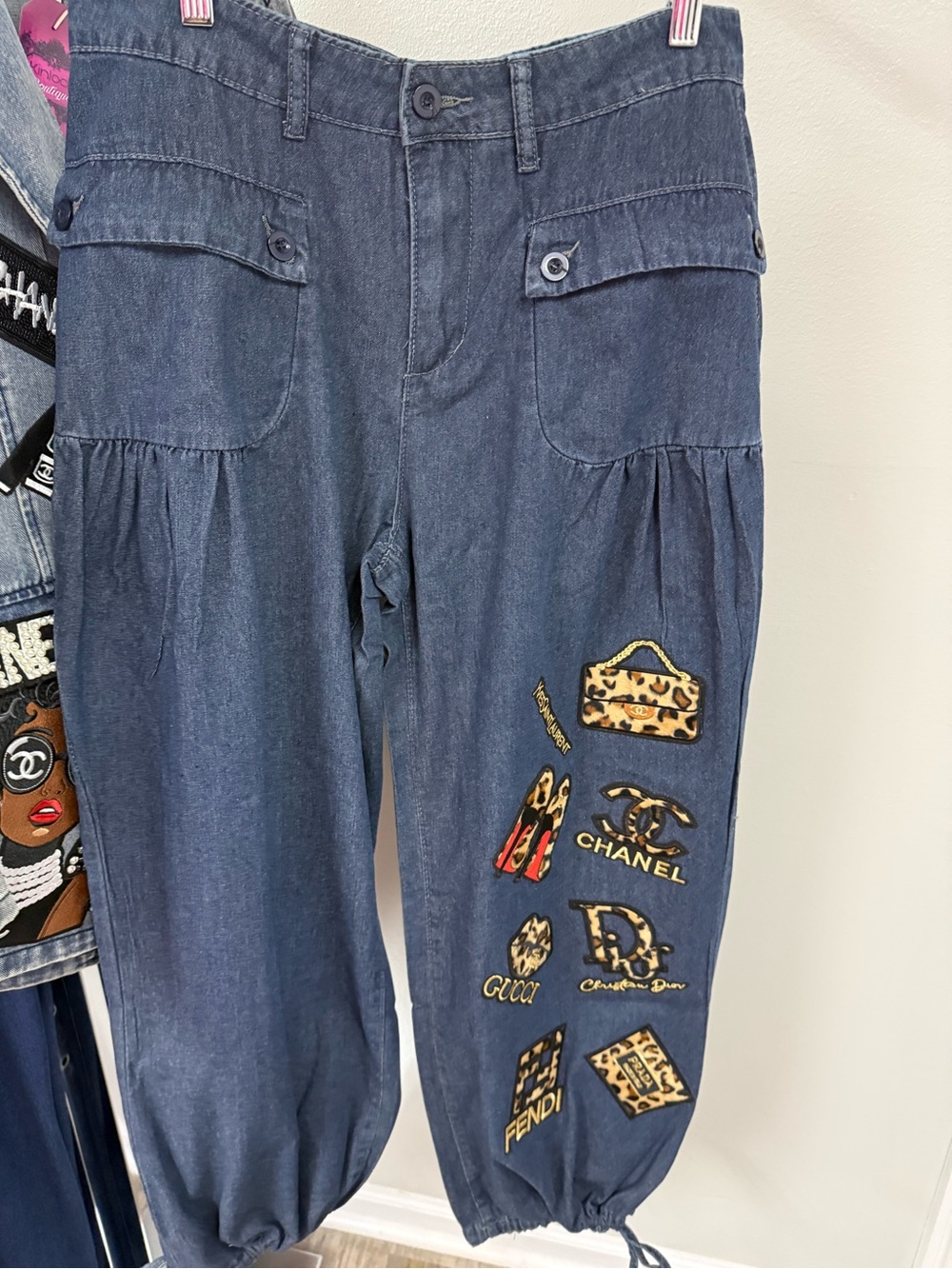 New Embroidered Patch Denim Jogger Pants - Blue